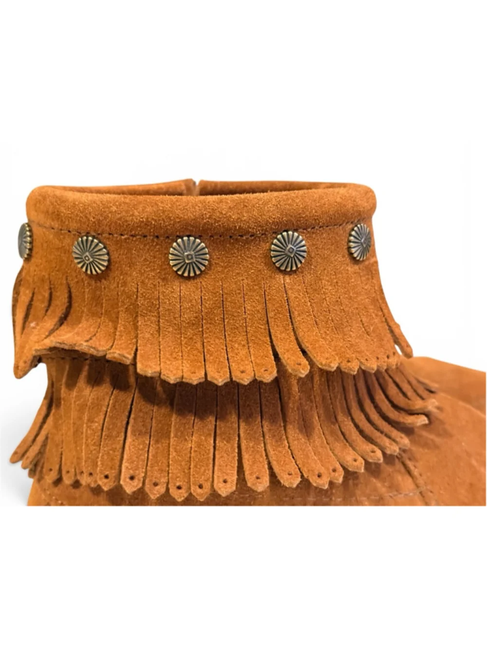 Minnetonka Women’s Double Fringe Suede Ankle Boots Brown Concho Moccasins 9.5 - Picture 3 of 8